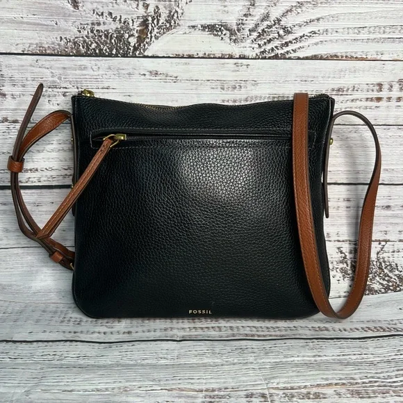 Fossil Black Leather Crossbody Purse Brown Cowhide Leather - Picture 1 of 16
